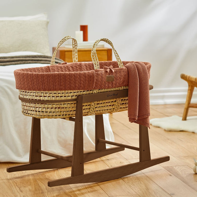Organic Knitted Moses Basket, Mattress & Walnut Rocking Stand Terracotta