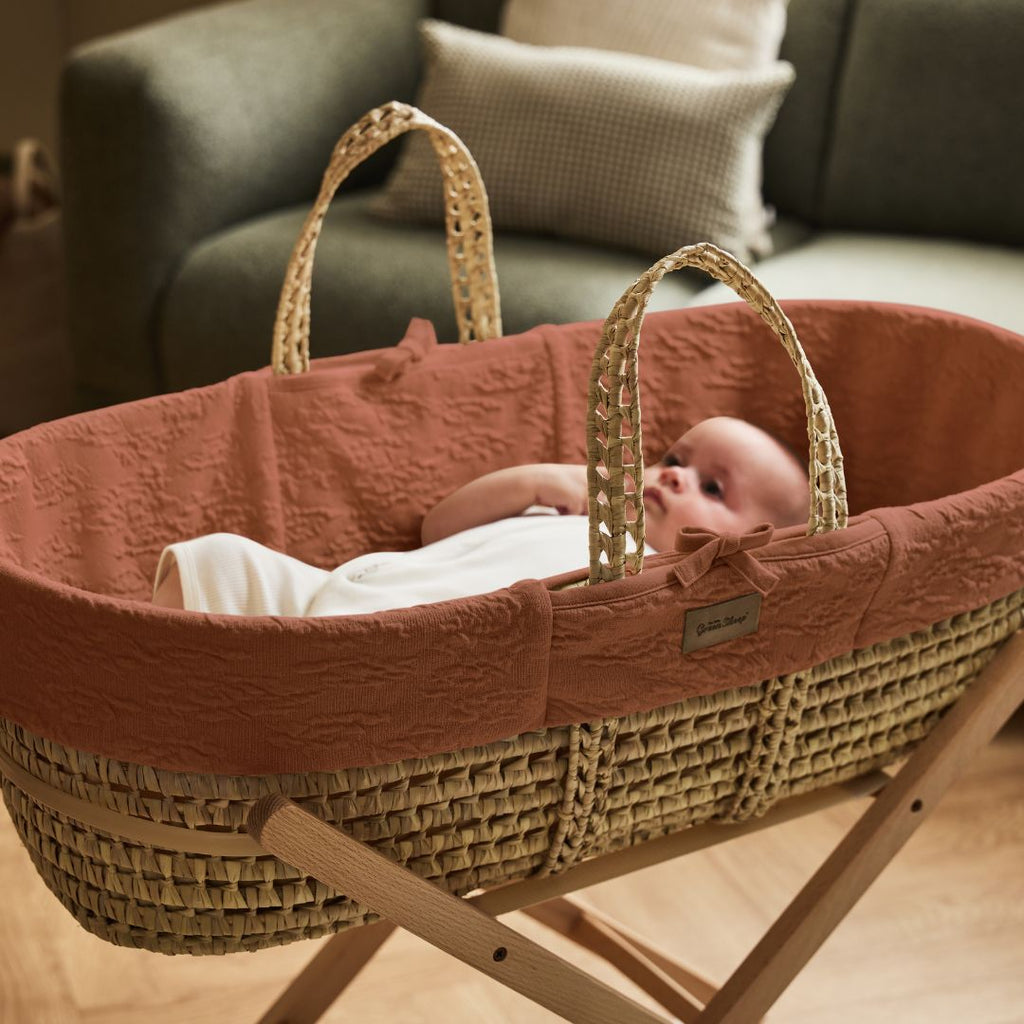 Organic Furrow Knitted Moses Basket, Mattress & Natural Rocking Stand Terracotta