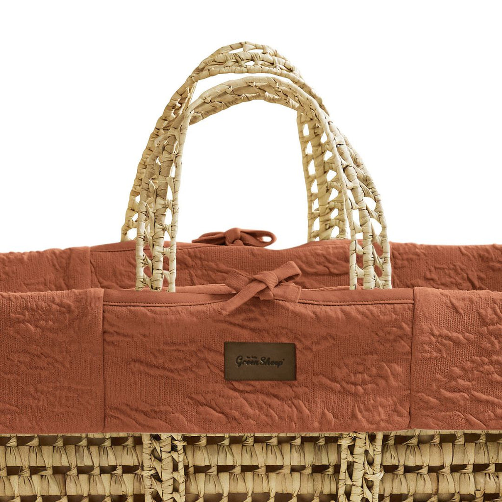 Organic Furrow Knitted Moses Basket, Mattress & Natural Foldable Stand Terracotta