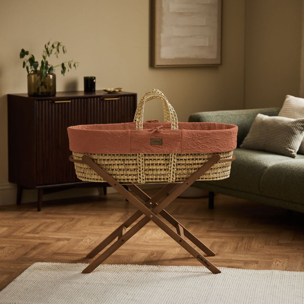 Organic Furrow Knitted Moses Basket, Mattress & Walnut Static Stand Terracotta