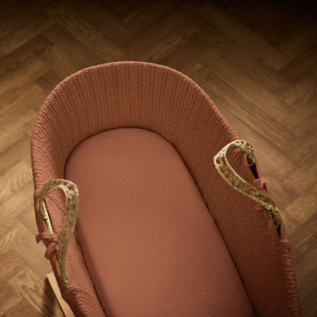 Organic Moses Basket Fitted Sheets in Terracotta with Linen Rice