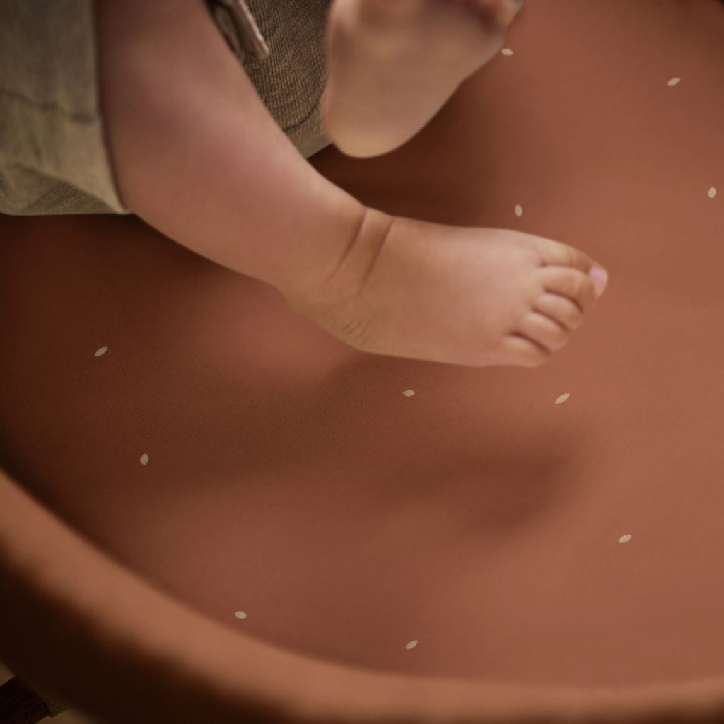 Organic Moses Basket Fitted Sheets in Terracotta with Linen Rice