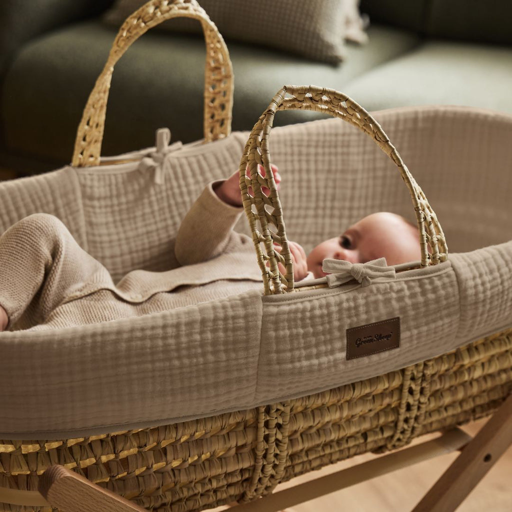Cotton Muslin Moses Basket, Mattress & Natural Static Stand Truffle