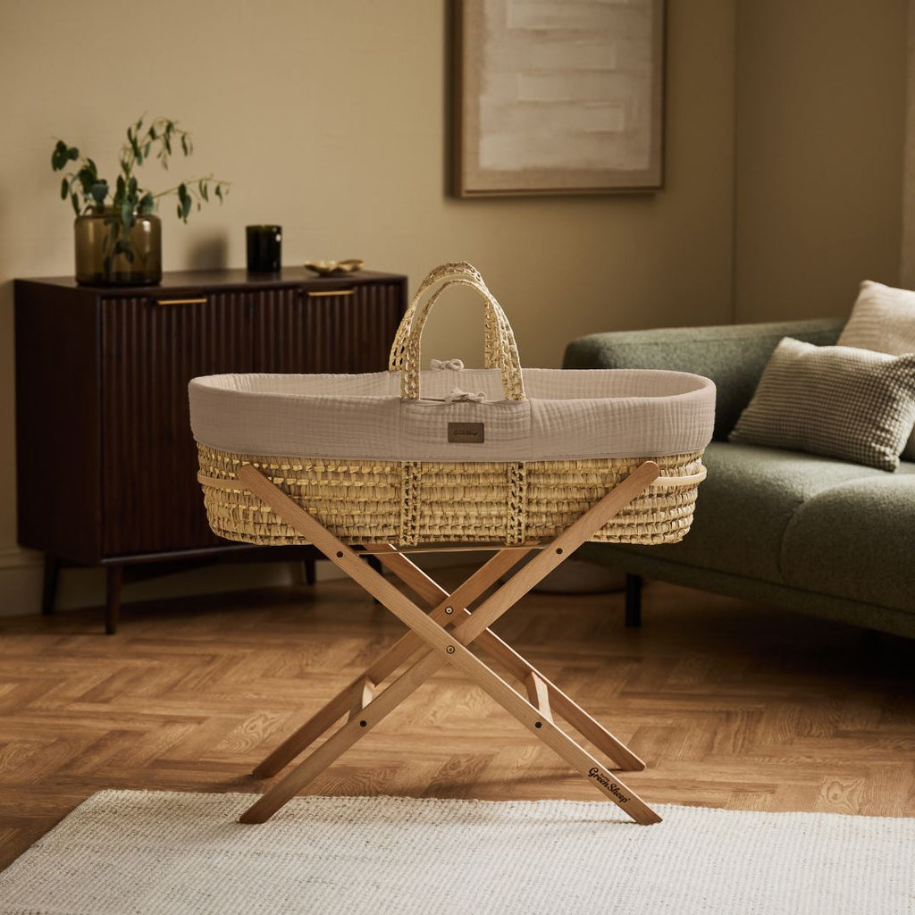 Cotton Muslin Moses Basket, Mattress & Natural Static Stand Truffle