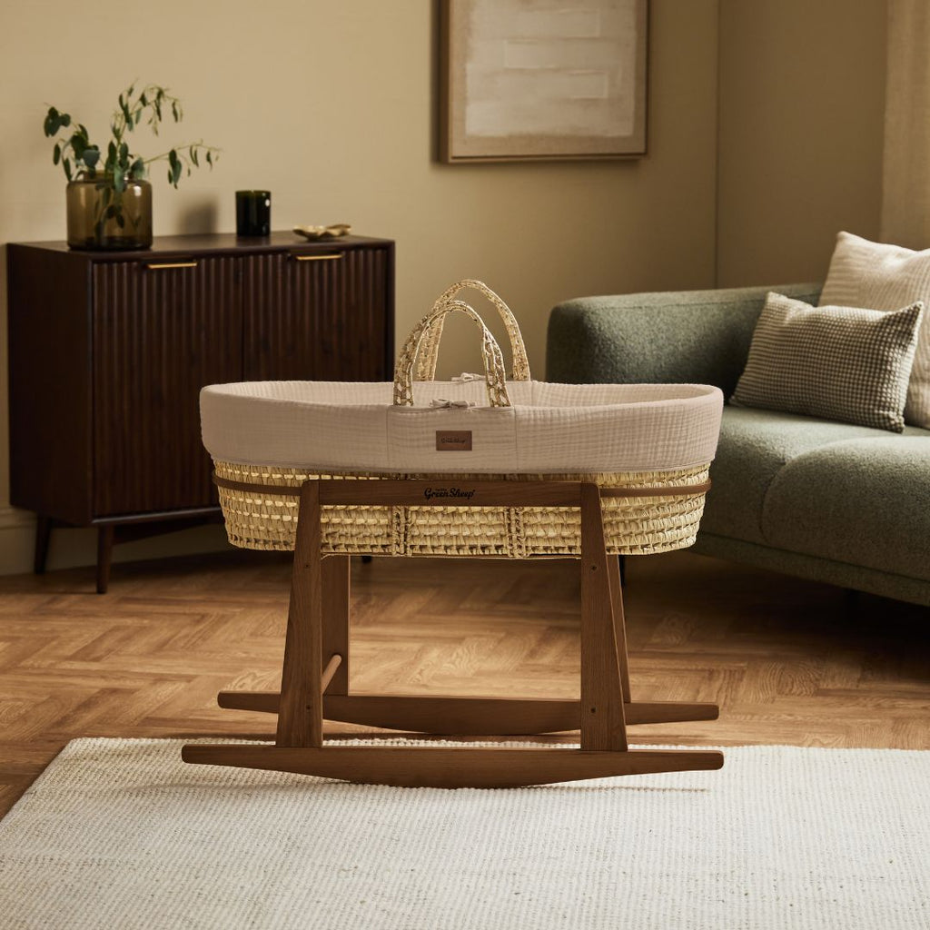 Cotton Muslin Moses Basket, Mattress & Walnut Rocking Stand Truffle