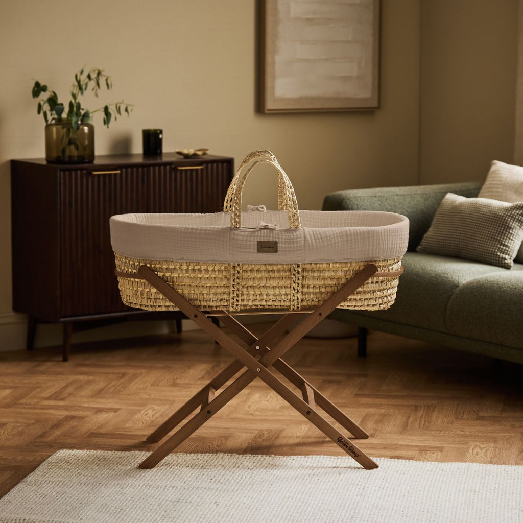 Cotton Muslin Moses Basket, Mattress & Walnut Static Stand Truffle
