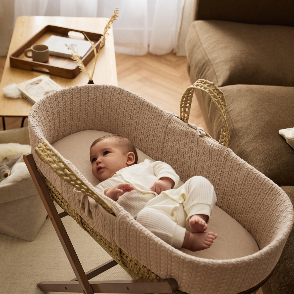 Organic Knitted Moses Basket, Mattress & Walnut Foldable Stand Truffle